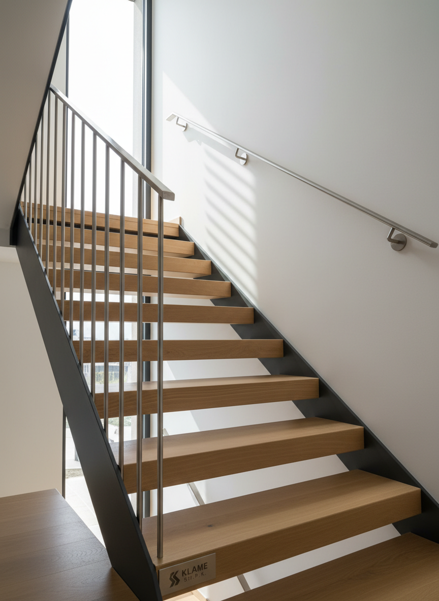 A photographic image of a custom staircase and railing system that combines solid wood steps with precision-crafted metal structure, illustrating Klame Sh.P.K’s expertise in wooden and metal structures. The steps are thick, light oak planks with a smooth, matte finish, floating on a dark powder-coated steel frame that appears almost weightless. A slim metal handrail runs along one side, anchored by minimal vertical balusters. The staircase rises alongside a clean white wall in a residential hallway, with a slim floor-to-ceiling window casting soft, natural side light that creates rhythmic shadows from each step. Shot from a low angle at the base of the stairs, the composition feels dynamic yet secure, with crisp detail and a calm, architectural mood suitable for highlighting complex custom projects.