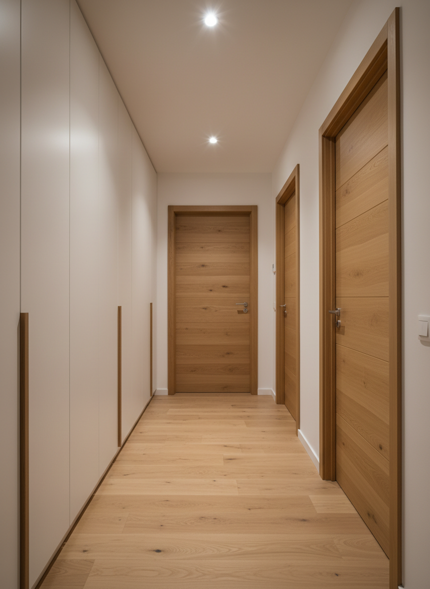 A photographic image of a refined hallway in a residential apartment, featuring a sequence of coordinated interior doors and built-in wardrobes by Klame Sh.P.K. On one side, floor-to-ceiling wardrobe fronts in matte white with slim vertical oak accents form a clean, continuous surface; opposite, three matching oak veneer doors with discreet horizontal grooves create rhythm along the corridor. Soft warm ceiling spotlights wash the walls, casting elongated, gentle shadows that emphasize geometry and alignment. The light oak parquet floor reflects a faint glow, enhancing the sense of length and calm. Shot from one end of the hallway using a centered, linear composition, the perspective lines converge toward a softly lit end wall, conveying order, elegance, and the value of integrated solutions for homes and institutions.