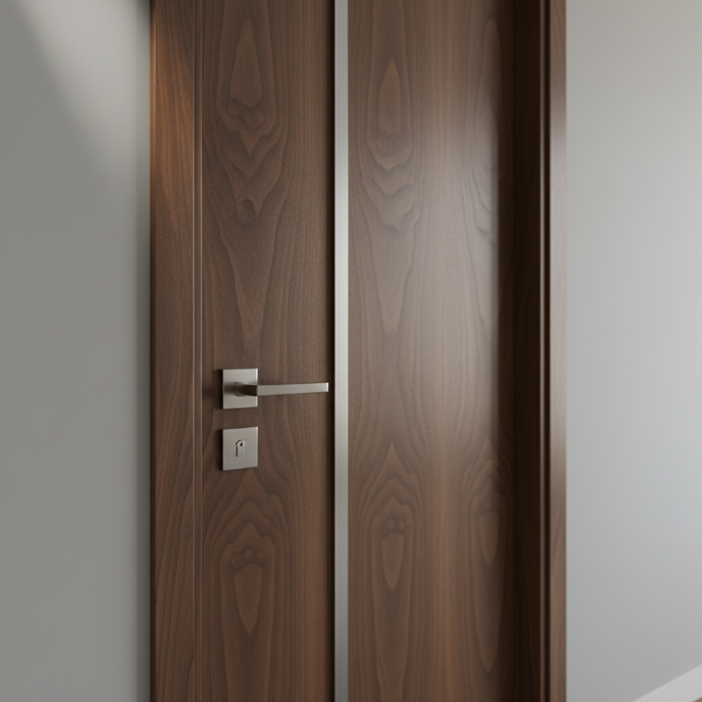 A detailed close-up photographic image of a high-end wooden interior door partially open, revealing the precision of its construction. The door panel shows rich walnut wood with a smooth satin finish, emphasized grain patterns, and a solid metal edge strip for durability. A brushed stainless steel handle and lock set catch the light, highlighting their robust quality. The frame is flawlessly aligned with clean joints against a light gray wall. Soft studio-style lighting from the upper left creates gentle gradients and tiny shadows along the edges, enhancing the sense of depth and craftsmanship. Shot from a slightly angled side view with shallow depth of field, the background subtly blurs into a corridor, giving a professional, premium, and trustworthy atmosphere suitable for Klame Sh.P.K product detail pages.