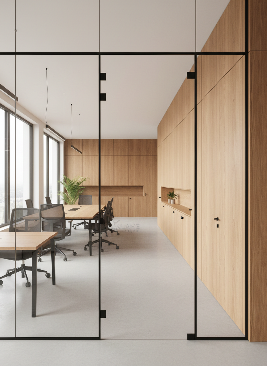 A bright, photographic realism view of a modern open-plan office fitted with custom wooden partitions, integrated storage units, and matching doors by Klame Sh.P.K. Warm-toned beech wood surfaces with slim black metal frames divide the space into transparent and solid sections, suggesting both privacy and openness. Built-in cabinets line one wall in flawless alignment, with minimalist handles and clean shadow gaps. Large floor-to-ceiling windows flood the office with diffused daylight, creating soft reflections on the wood and metal. The mood is professional, efficient, and welcoming. Captured from a slightly elevated angle with a wide lens, the composition uses leading lines of the partitions and doors to guide the eye through the space, ideal for showcasing institutional and business projects in a project gallery.