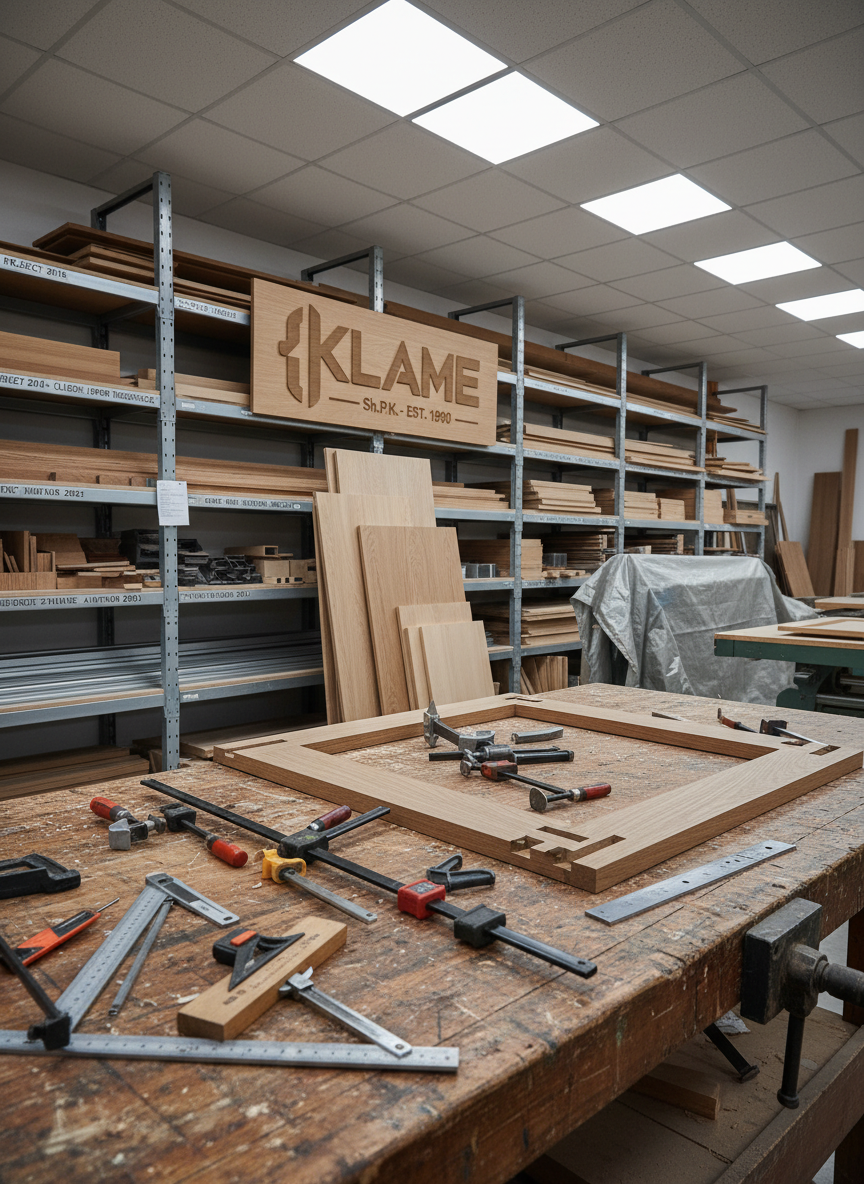 A clean, photographic realism shot of a workshop environment that subtly tells the history and craftsmanship of Klame Sh.P.K without showing people. In the foreground, a sturdy wooden workbench holds neatly arranged metal clamps, precision measuring tools, and a partially assembled solid wood cabinet door with visible mortise-and-tenon joints. In the midground, stacks of labeled wooden panels and metal profiles are organized on industrial shelving, suggesting years of experience and many completed projects. Overhead LED lighting provides even, bright illumination, creating crisp shadows and emphasizing textures of raw and finished materials. Captured at eye level with moderate depth of field, the background blurs slightly to keep focus on the craftsmanship. The mood is professional, meticulous, and trustworthy, perfect for an “About Klame Sh.P.K” or company history section.